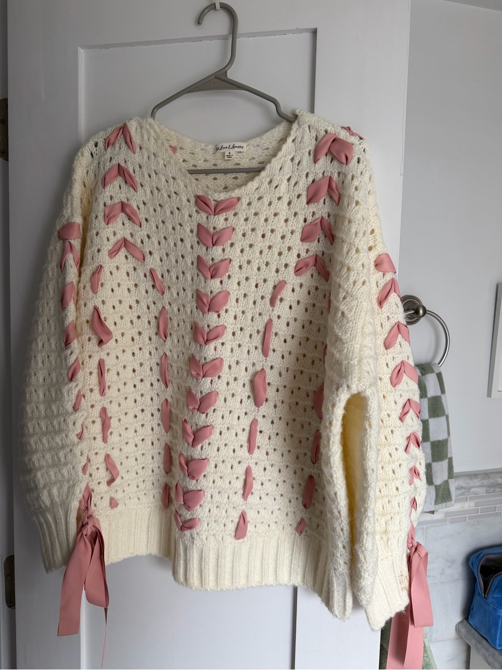 For Love And Lemons Cream Open-Knit Sweater with Pink Ribbon Trim